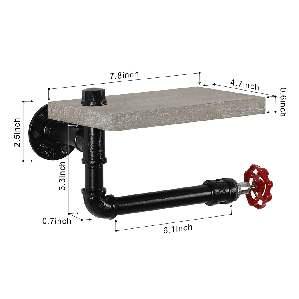 Steampunk Industrial Pipe Toilet Paper Holder with Red Valve，Wall-Mounted Creative Tissue Dispenser with Shelf.