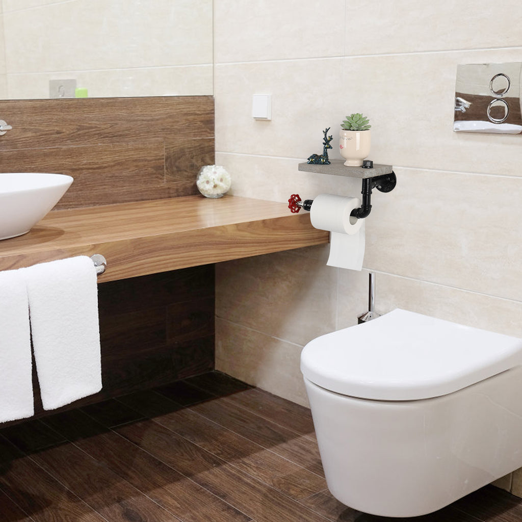 Steampunk Industrial Pipe Toilet Paper Holder with Red Valve，Wall-Mounted Creative Tissue Dispenser with Shelf.