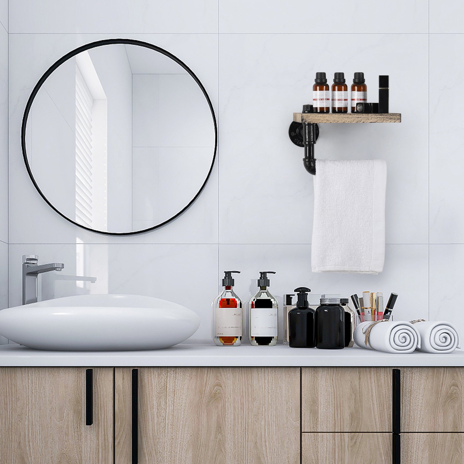 Industrial Pipe Toilet Paper Holder with Natural Wood Shelf， Wall-Mounted Retro Bathroom Tissue Rack.