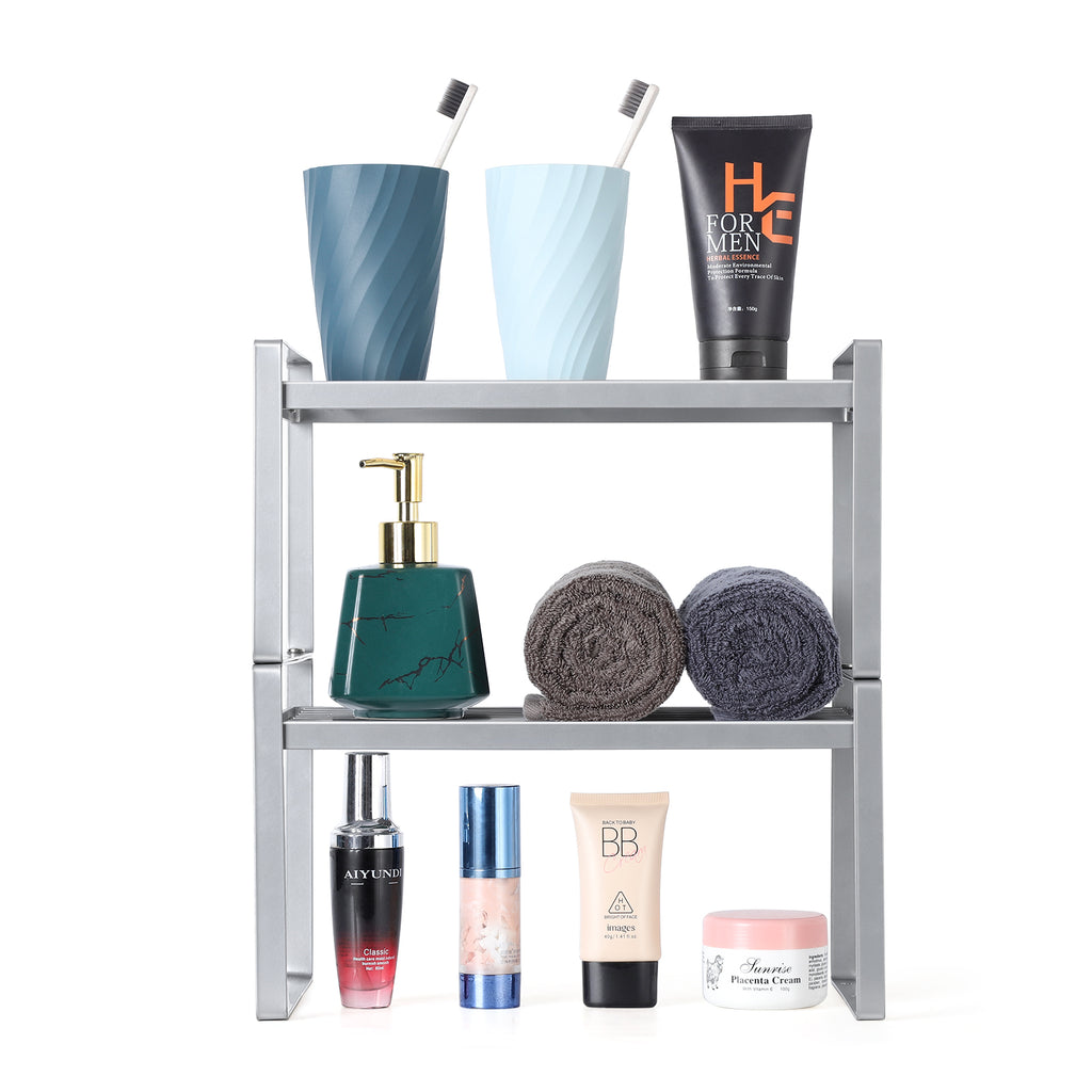 2-Set Silver Metal Frame Kitchen Cupboard Organizers, Stackable and Expandable Countertop Shelves for Pantry, Bathroom, and Spice Storage with Anti-Slip Design