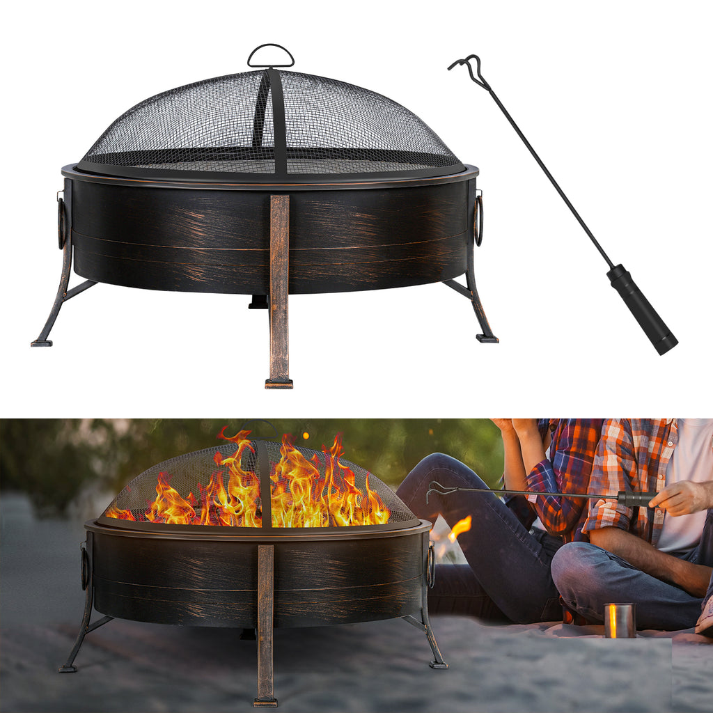 30-Inch Circular Deep Outdoor Fire Bowl with Spark Screen and Cooking Grate, Featuring Side Grips for Portable Camping and Winter Use