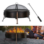 30-Inch Circular Deep Outdoor Fire Bowl with Spark Screen and Cooking Grate, Featuring Side Grips for Portable Camping and Winter Use