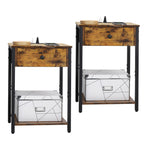 Nightstand with Charging Station & Storage Drawer, 2-Tier Rustic Side Table for Small Spaces, Bedroom & Living Room,
