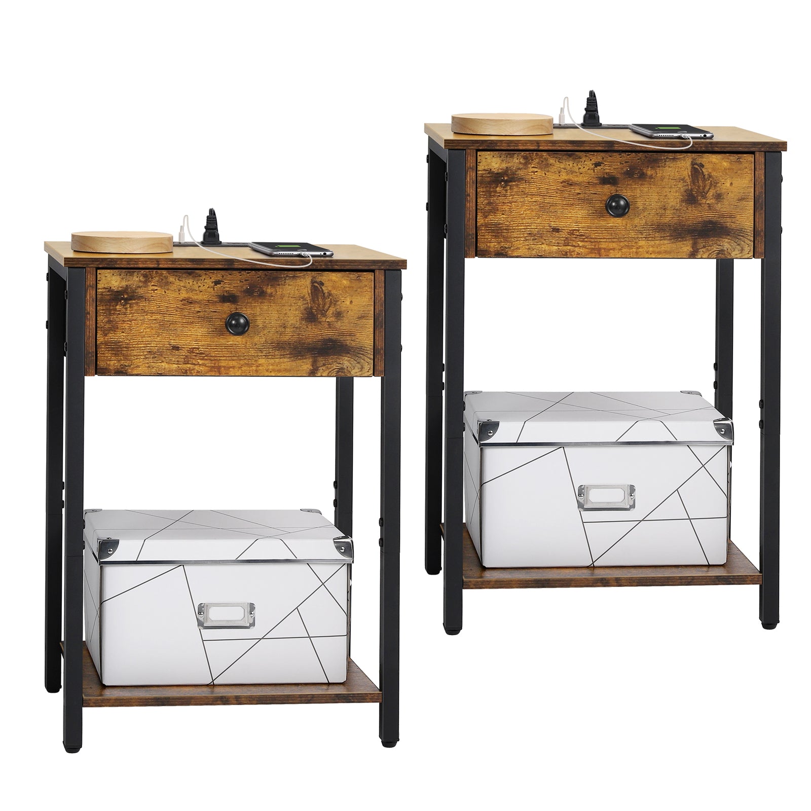Nightstand with Charging Station & Storage Drawer, 2-Tier Rustic Side Table for Small Spaces, Bedroom & Living Room,