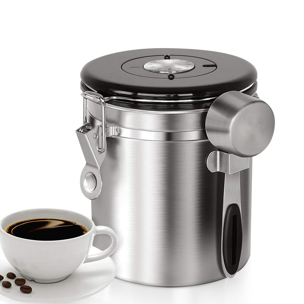 Pink Stainless Steel Airtight Coffee Jar with Freshness Date Tracker, Measuring Scoop, and CO2 Release Valve for Grounds and Beans