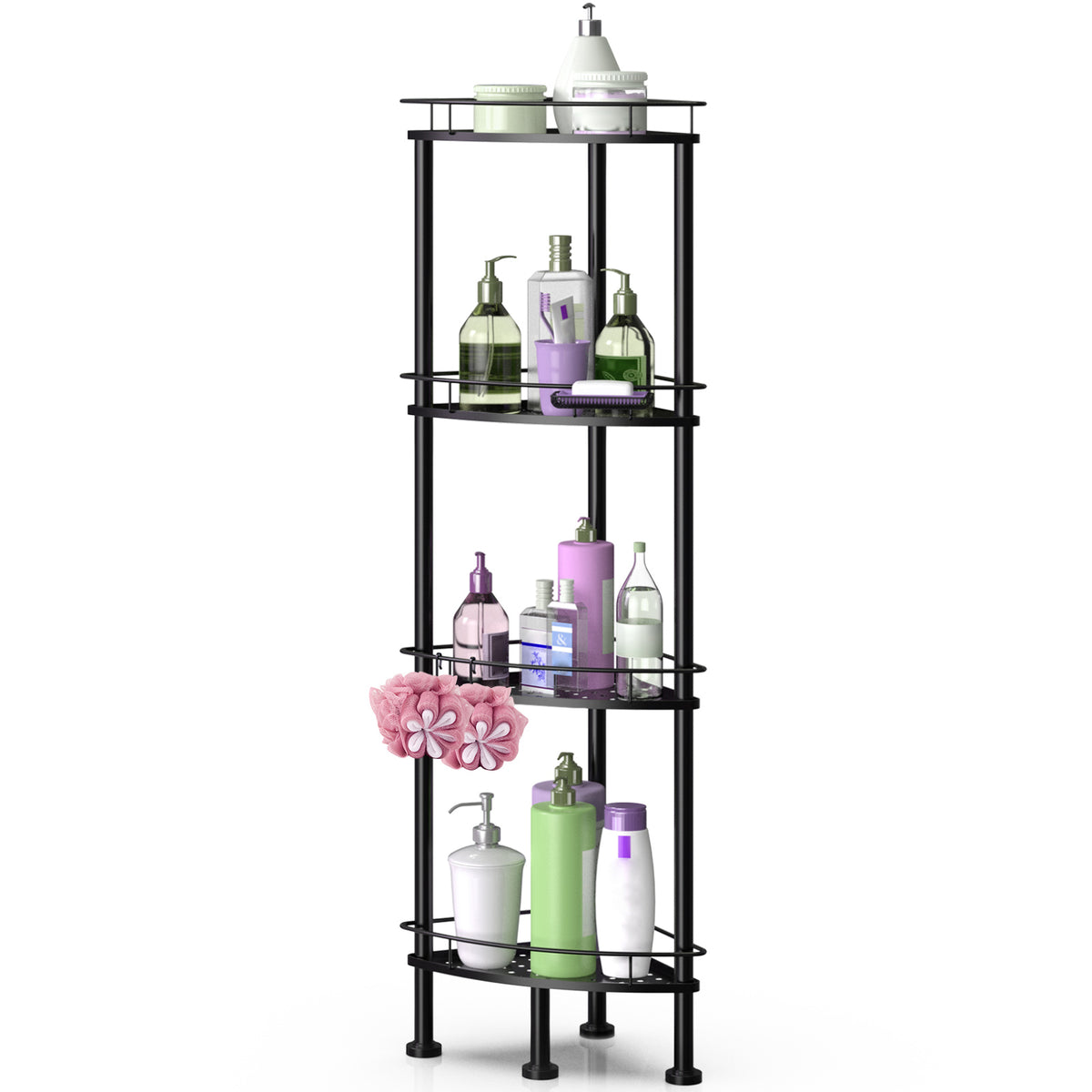 4/3/2 Tier Corner Shower Caddy Stand, Bathroom Storage Corner Shelves for Bathroom Shampoo Storage Organizer with Soap Rack and Hooks, Rustproof Metal Sturdy Floor Shower Shelf with Soap Holder, Easy to Install, Black