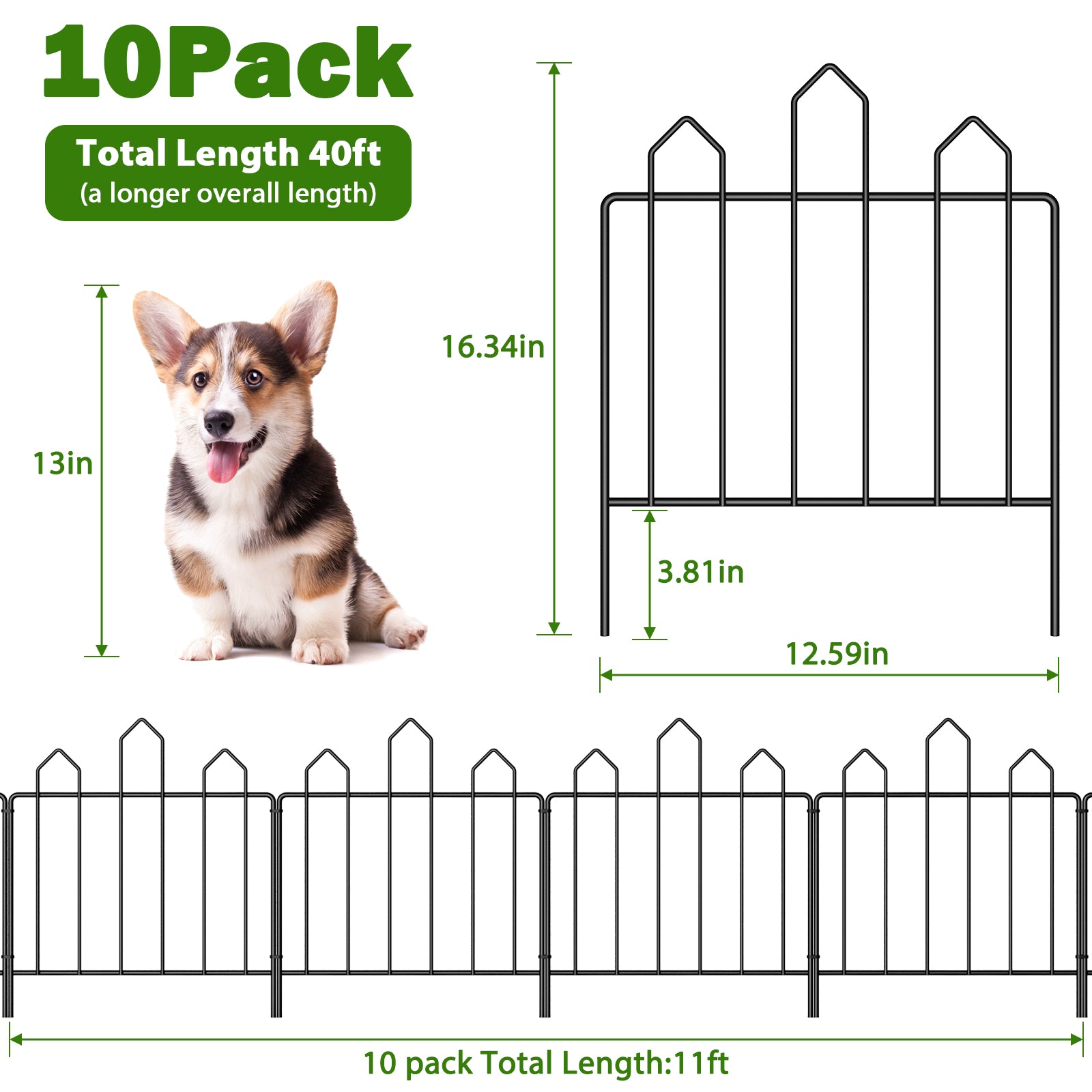Ten pieces of integrated fence. Garden fence rust resistant metal, animal barrier. Suitable for gardens, courtyards, and terraces. 10 feet (length) x 16 inches (height)