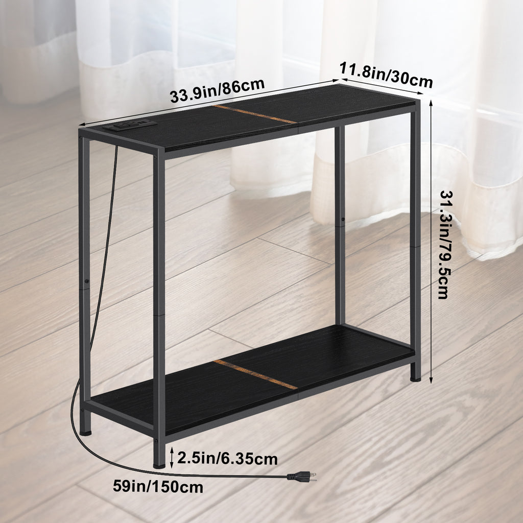 2 Tier Narrow Console Table, 33.9'' Sofa Table with Power Outlets and USB Ports, Industrial Entryway Table, Behind Couch Table for Living Room, Foyer, Hallway, Bedroom