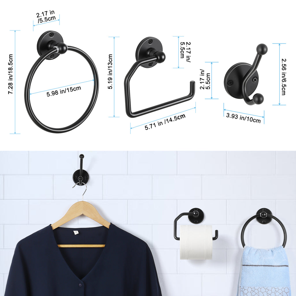 4PCS Wall Mounted Black Toilet Tissue Paper Holder Towel Ring and Hooks for Bathroom Accessories Toilet Roll Paper Hanger