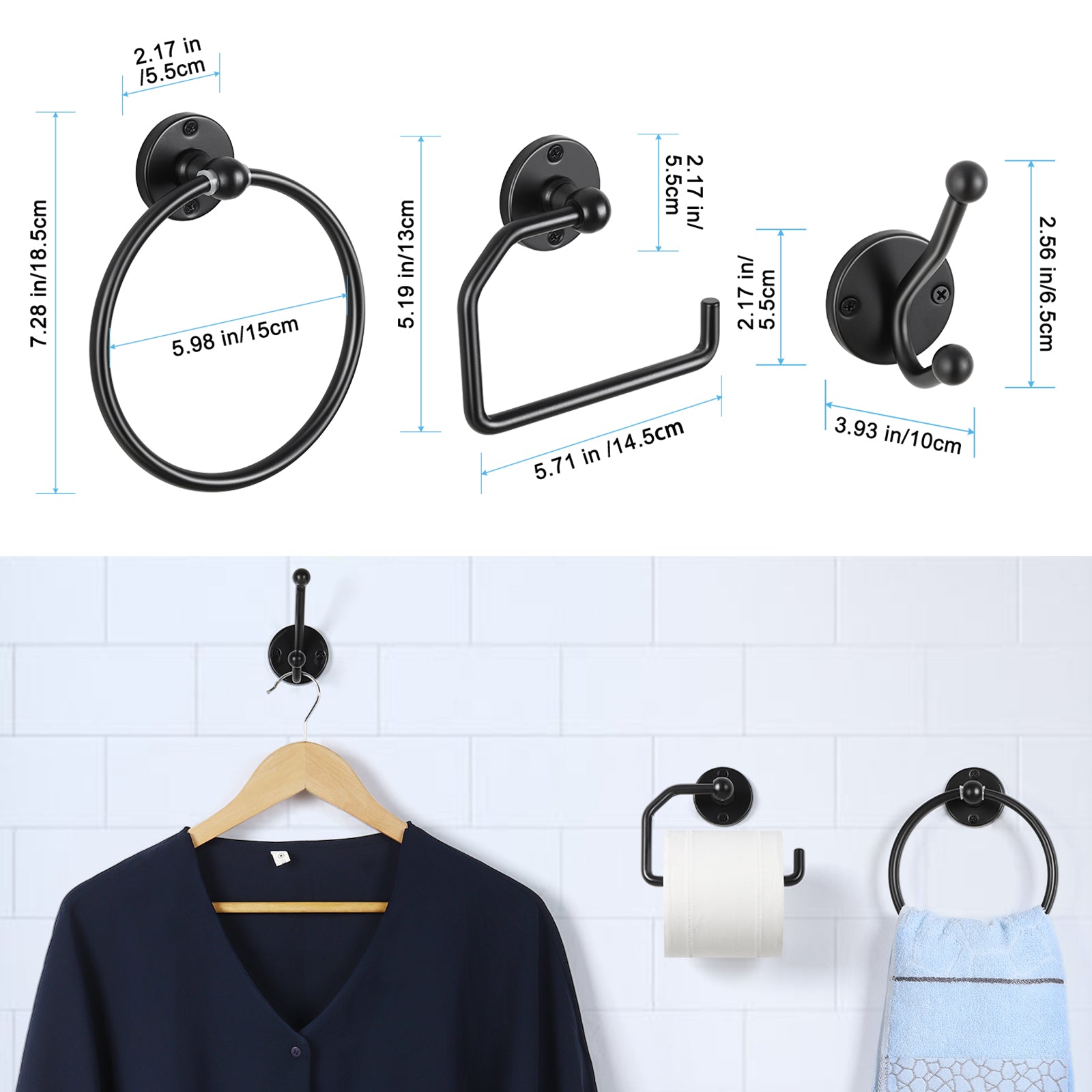 4PCS Wall Mounted Black Toilet Tissue Paper Holder Towel Ring and Hooks for Bathroom Accessories Toilet Roll Paper Hanger