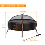 30-Inch Circular Deep Outdoor Fire Bowl with Spark Screen and Cooking Grate, Featuring Side Grips for Portable Camping and Winter Use