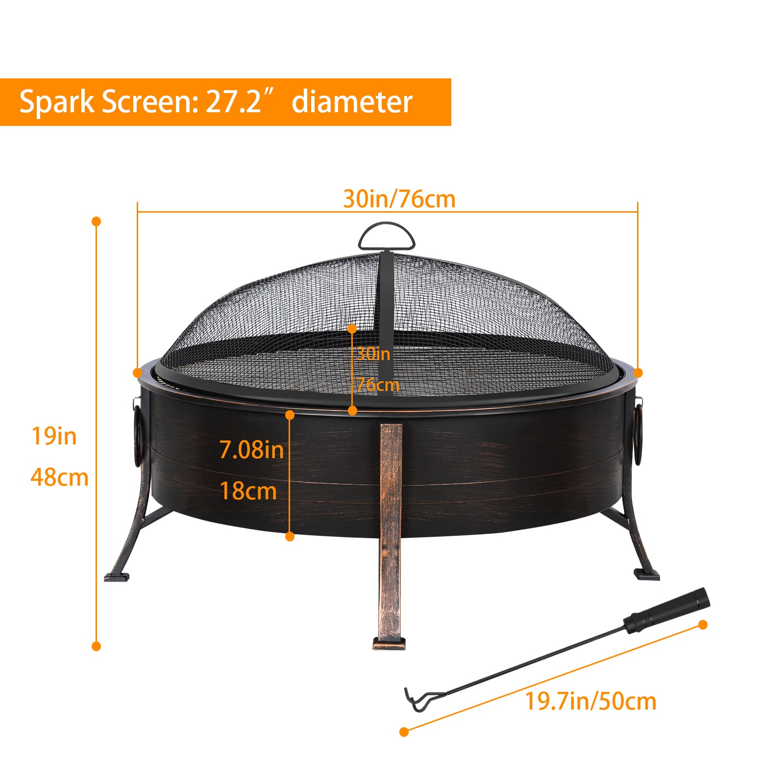 30-Inch Circular Deep Outdoor Fire Bowl with Spark Screen and Cooking Grate, Featuring Side Grips for Portable Camping and Winter Use