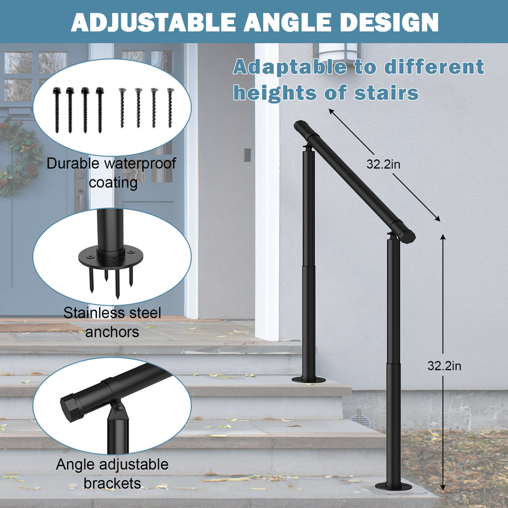 Step Hand Rails for Outdoor Steps, Black Handrail Indoor Stair Railing Kit, Outdoor Stair Railing Kit for Porch Railing Deck Hand Rail
