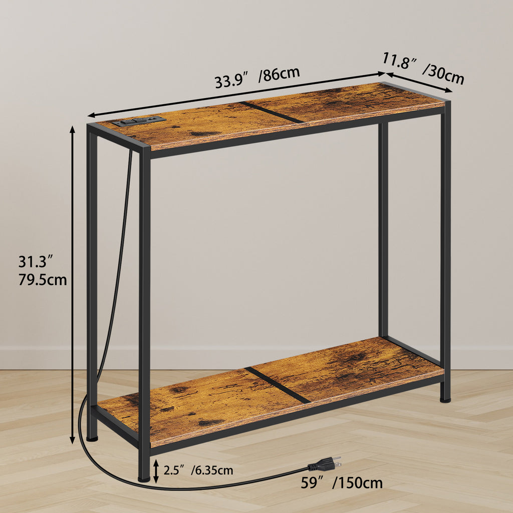 2 Tier Narrow Console Table, 33.9'' Sofa Table with Power Outlets and USB Ports, Industrial Entryway Table, Behind Couch Table for Living Room, Foyer, Hallway, Bedroom