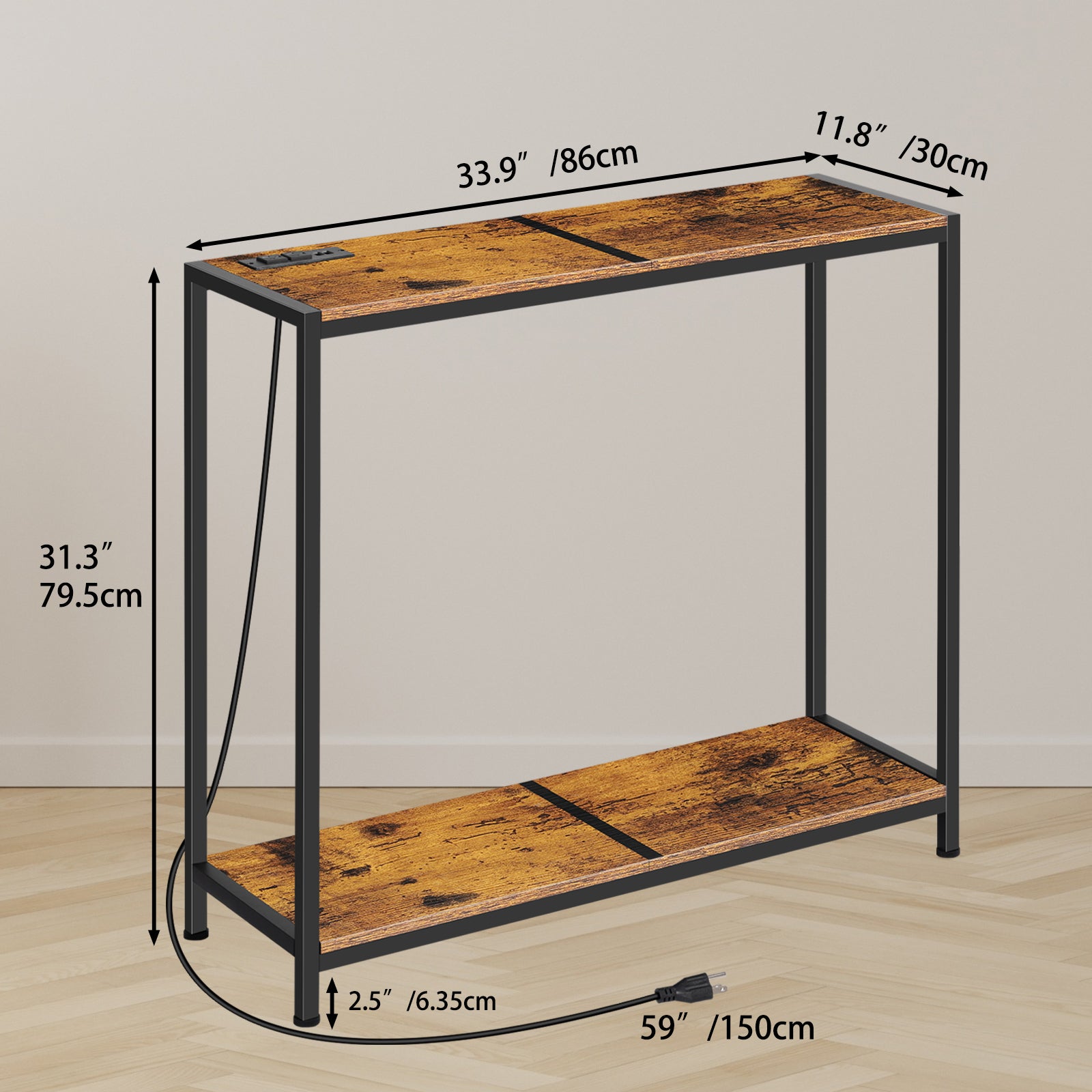 2 Tier Narrow Console Table, 33.9'' Sofa Table with Power Outlets and USB Ports, Industrial Entryway Table, Behind Couch Table for Living Room, Foyer, Hallway, Bedroom
