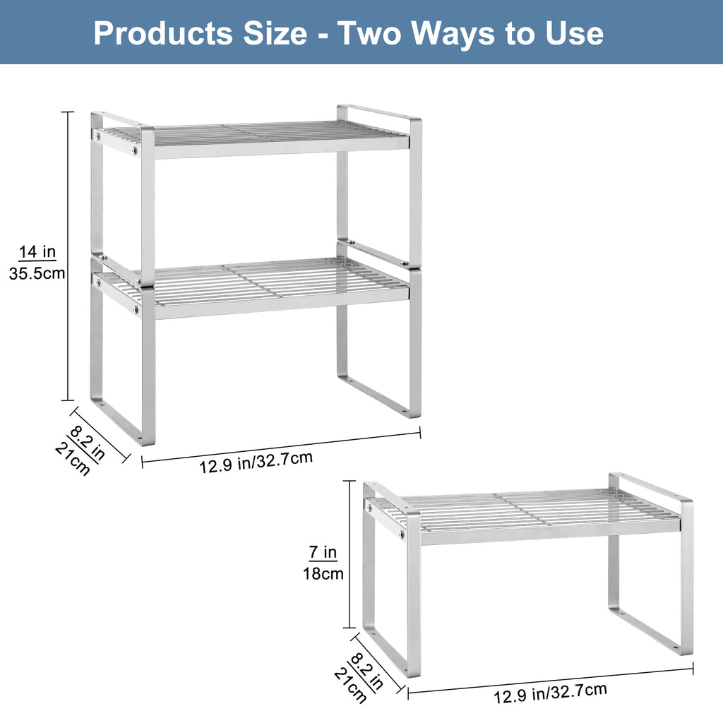 2-Set Silver Metal Frame Kitchen Cupboard Organizers, Stackable and Expandable Countertop Shelves for Pantry, Bathroom, and Spice Storage with Anti-Slip Design