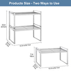 2-Set Silver Metal Frame Kitchen Cupboard Organizers, Stackable and Expandable Countertop Shelves for Pantry, Bathroom, and Spice Storage with Anti-Slip Design