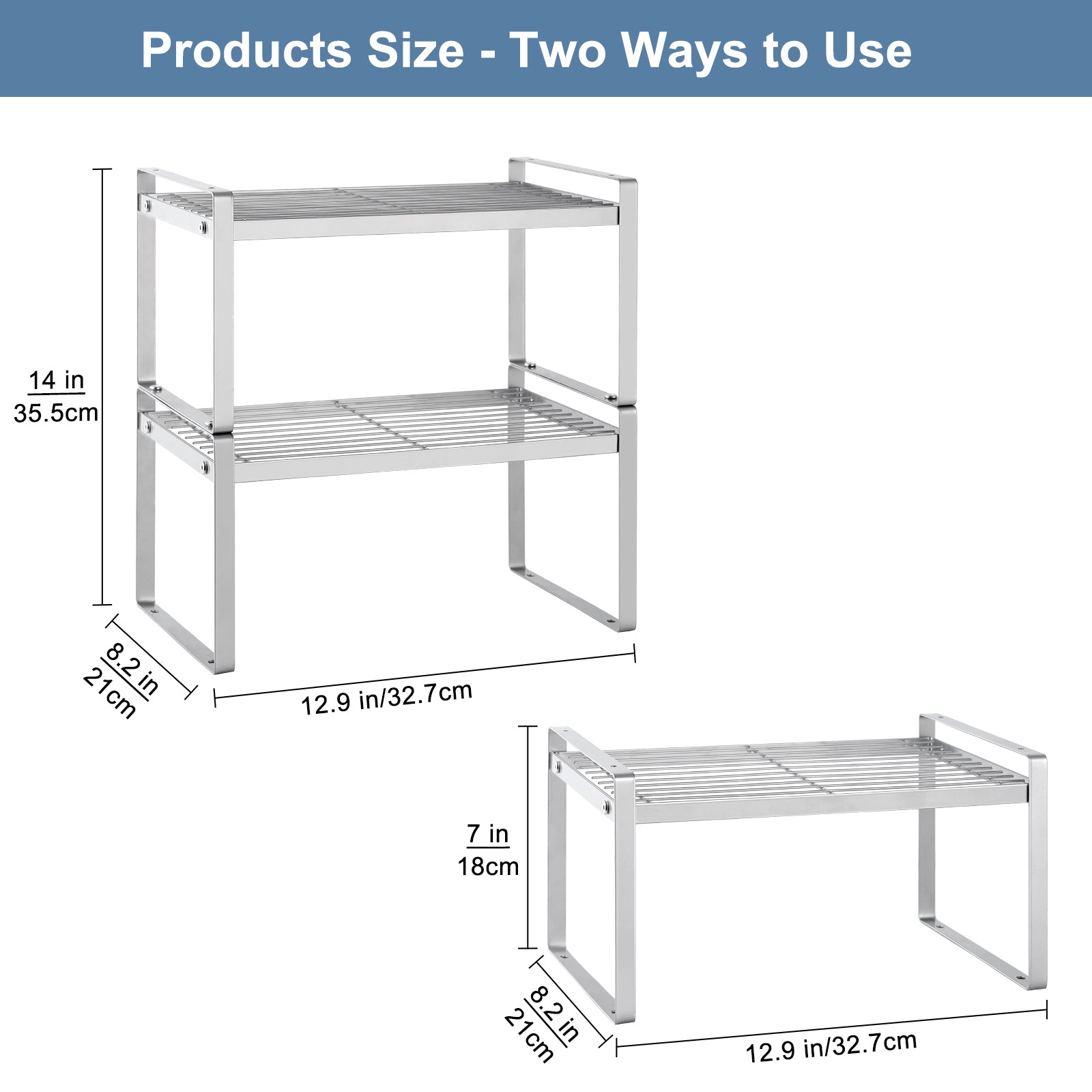 2-Set Silver Metal Frame Kitchen Cupboard Organizers, Stackable and Expandable Countertop Shelves for Pantry, Bathroom, and Spice Storage with Anti-Slip Design