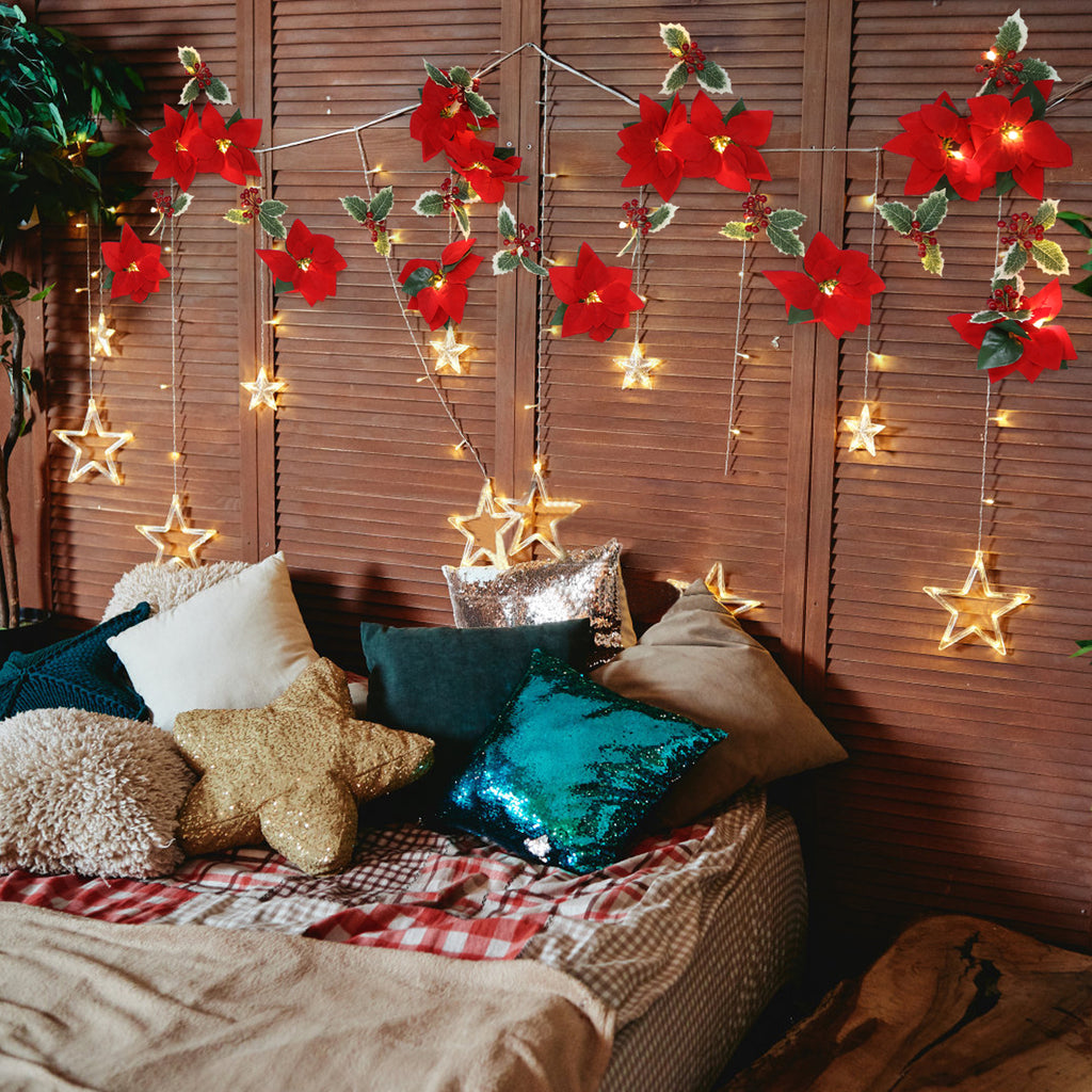 Christmas Poinsettia Garland with light, 7 FT Lighted Artificial Garlands with Red Flowers and Berries, Battery Operated Poinsettia String Lights, Light up for Xmas New Year Home D¨¦cor