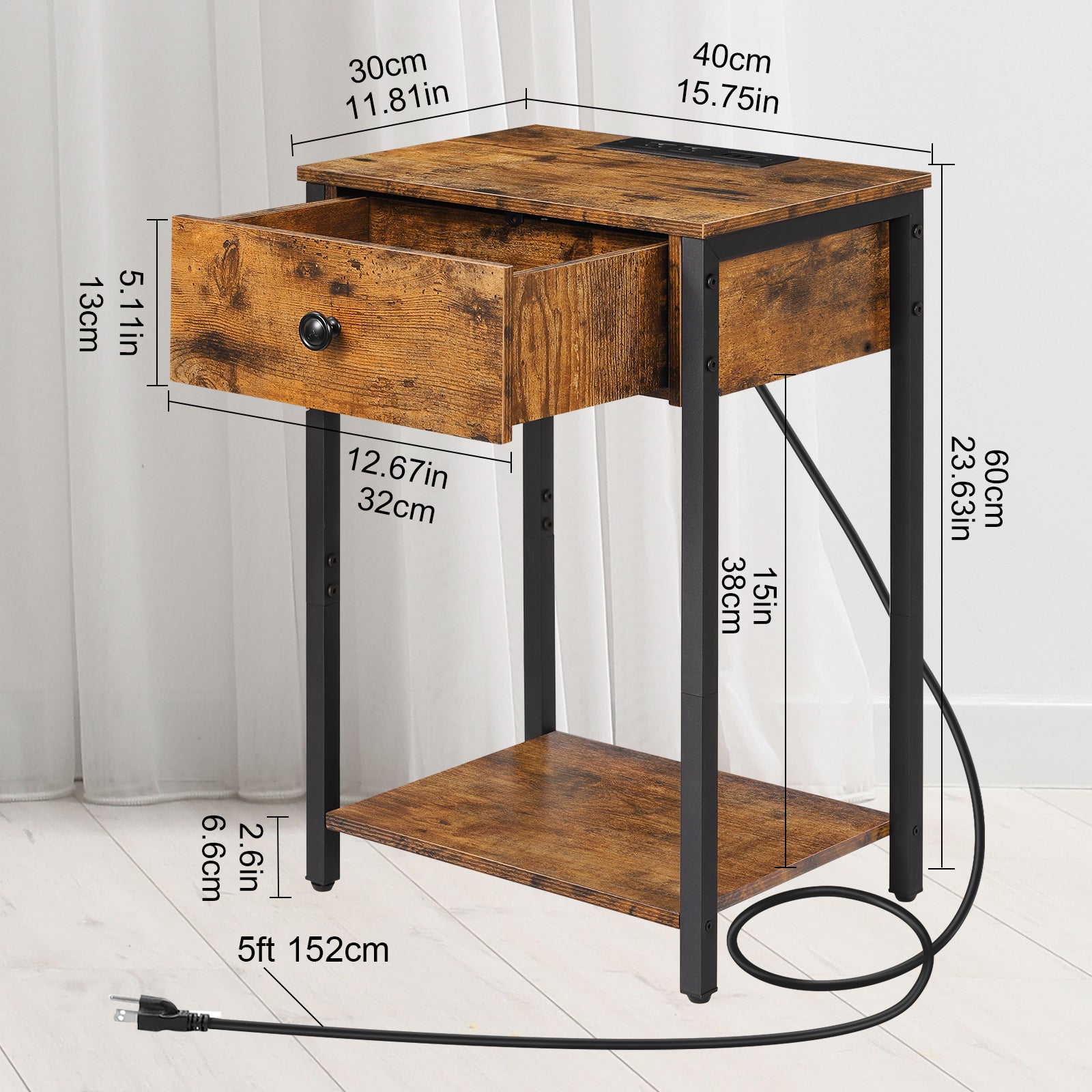 Nightstand with Charging Station & Storage Drawer, 2-Tier Rustic Side Table for Small Spaces, Bedroom & Living Room,