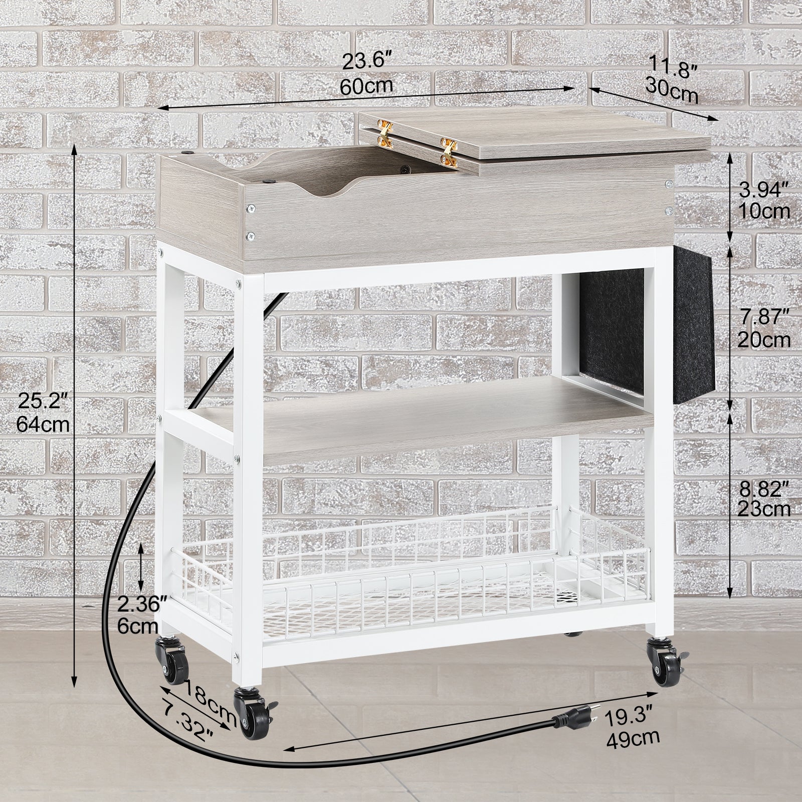 Narrow Flip-Top Side Table with Integrated Power Strip and USB Ports, Silver Elm Nightstand with Storage Shelf for Living Room and Bedroom