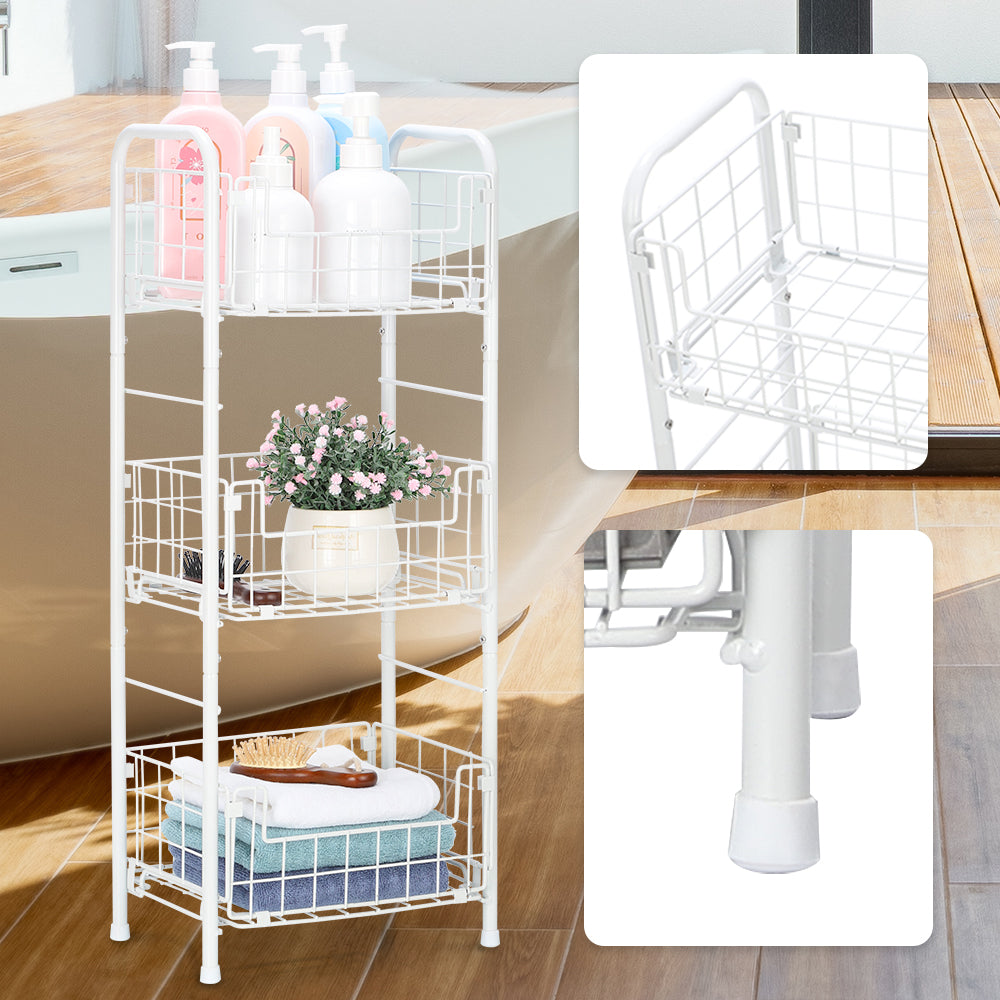 3-Tier FreeStanding Open Shelf, Storage Rolling Cart Bathroom Organizer Shelves Unit, Metal Steel Storage Tower Organizer Rack Basket Cart for Bathroom, Living Room, Balcony, Kitchen