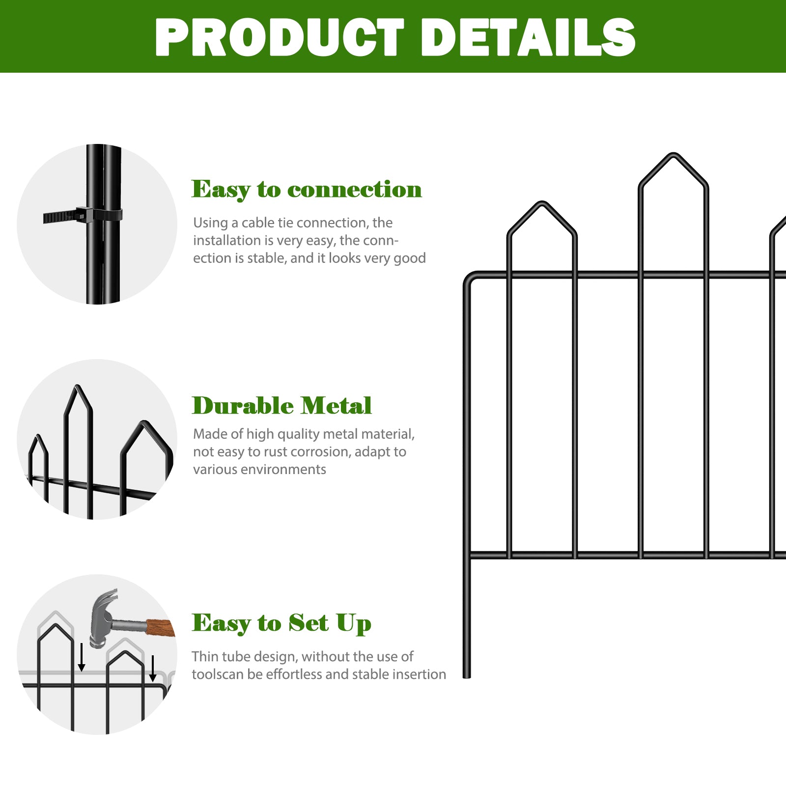 Ten pieces of integrated fence. Garden fence rust resistant metal, animal barrier. Suitable for gardens, courtyards, and terraces. 10 feet (length) x 16 inches (height)