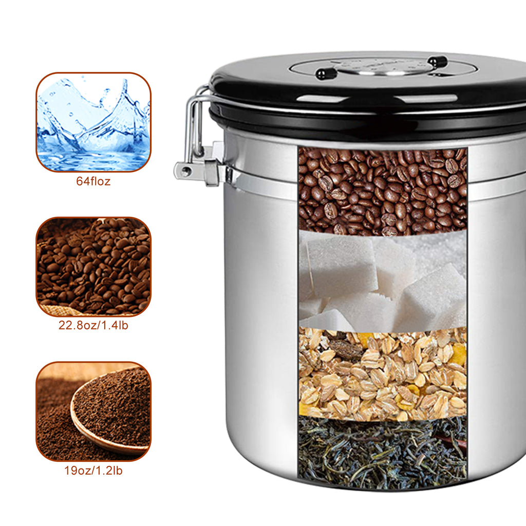 Pink Stainless Steel Airtight Coffee Jar with Freshness Date Tracker, Measuring Scoop, and CO2 Release Valve for Grounds and Beans