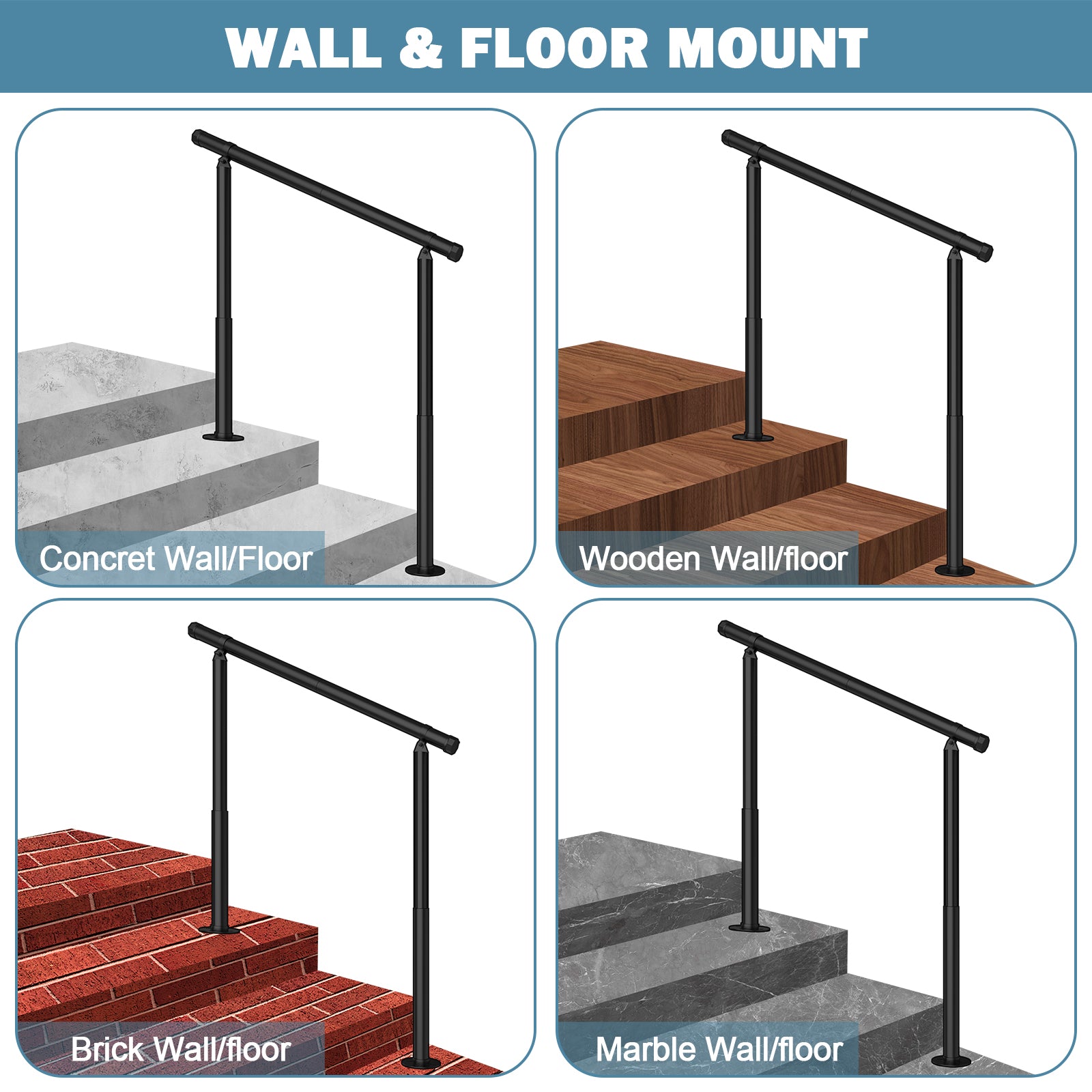 Step Hand Rails for Outdoor Steps, Black Handrail Indoor Stair Railing Kit, Outdoor Stair Railing Kit for Porch Railing Deck Hand Rail