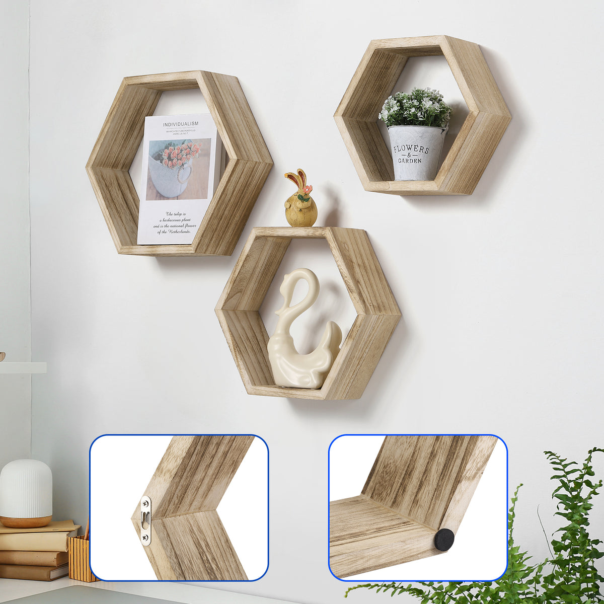 Set of 6 Black Hexagon Floating Shelves - Rustic Wood Honeycomb Wall Mounted Home Decor Storage