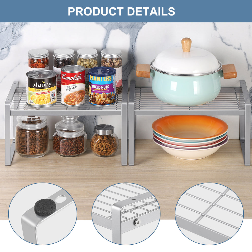 2-Set Silver Metal Frame Kitchen Cupboard Organizers, Stackable and Expandable Countertop Shelves for Pantry, Bathroom, and Spice Storage with Anti-Slip Design