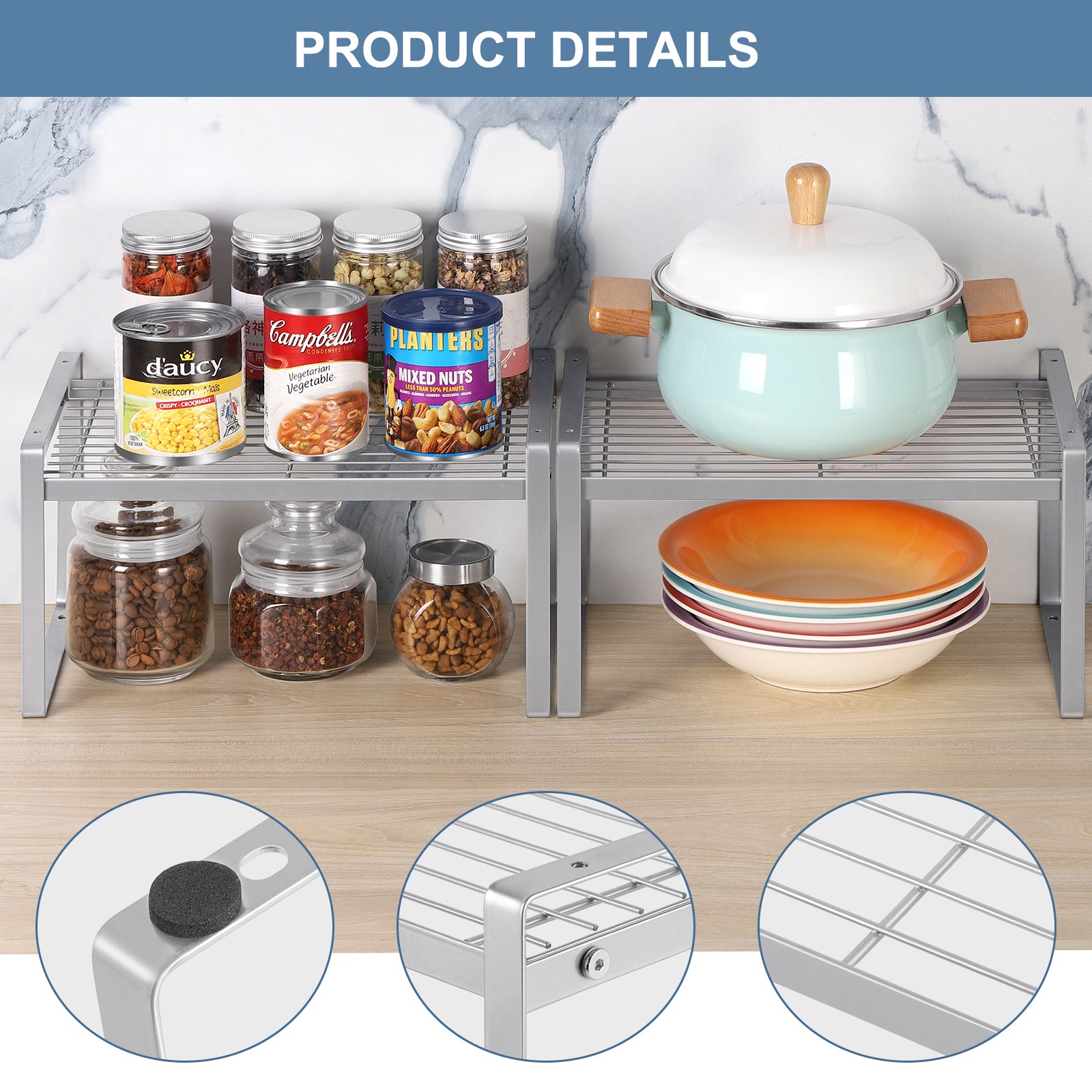 2-Set Silver Metal Frame Kitchen Cupboard Organizers, Stackable and Expandable Countertop Shelves for Pantry, Bathroom, and Spice Storage with Anti-Slip Design