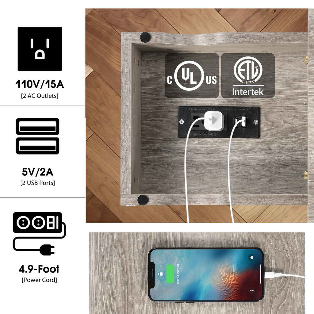 Narrow Flip-Top Side Table with Integrated Power Strip and USB Ports, Silver Elm Nightstand with Storage Shelf for Living Room and Bedroom