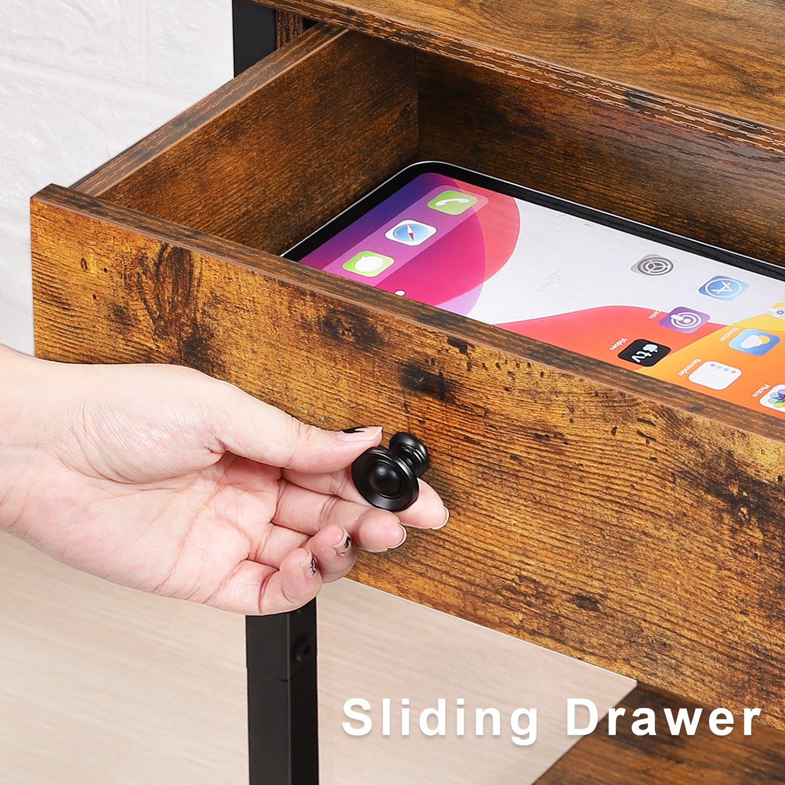 Nightstand with Charging Station & Storage Drawer, 2-Tier Rustic Side Table for Small Spaces, Bedroom & Living Room,