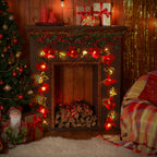 Christmas Poinsettia Garland with light, 7 FT Lighted Artificial Garlands with Red Flowers and Berries, Battery Operated Poinsettia String Lights, Light up for Xmas New Year Home D¨¦cor