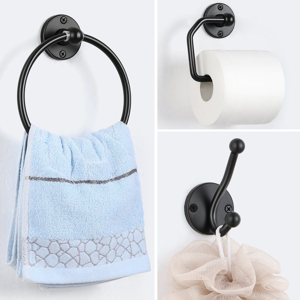 4PCS Wall Mounted Black Toilet Tissue Paper Holder Towel Ring and Hooks for Bathroom Accessories Toilet Roll Paper Hanger