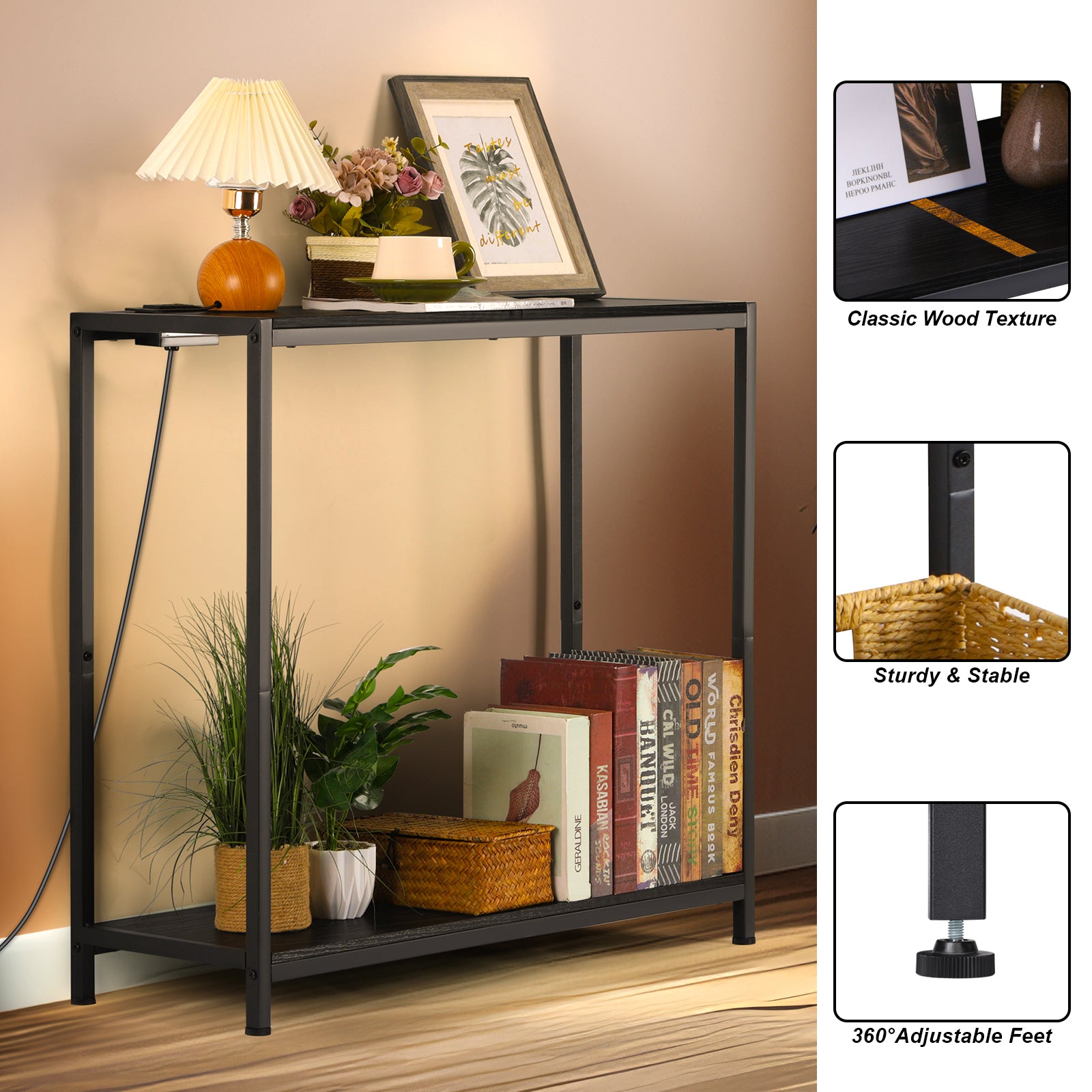 2 Tier Narrow Console Table, 33.9'' Sofa Table with Power Outlets and USB Ports, Industrial Entryway Table, Behind Couch Table for Living Room, Foyer, Hallway, Bedroom