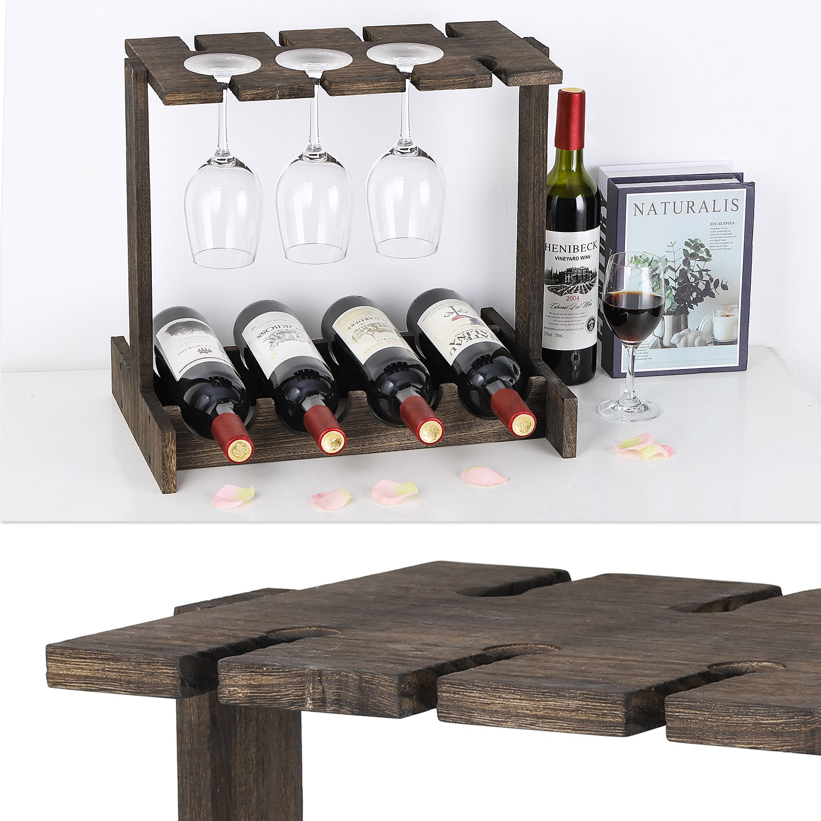 Wine Rack with Glass Holder, Countertop Wine Rack, Wine Storage Cabinet Shelf, Perfect for Home Decor & Kitchen Storage Rack (Hold 4 Bottles and 8 Glasses)