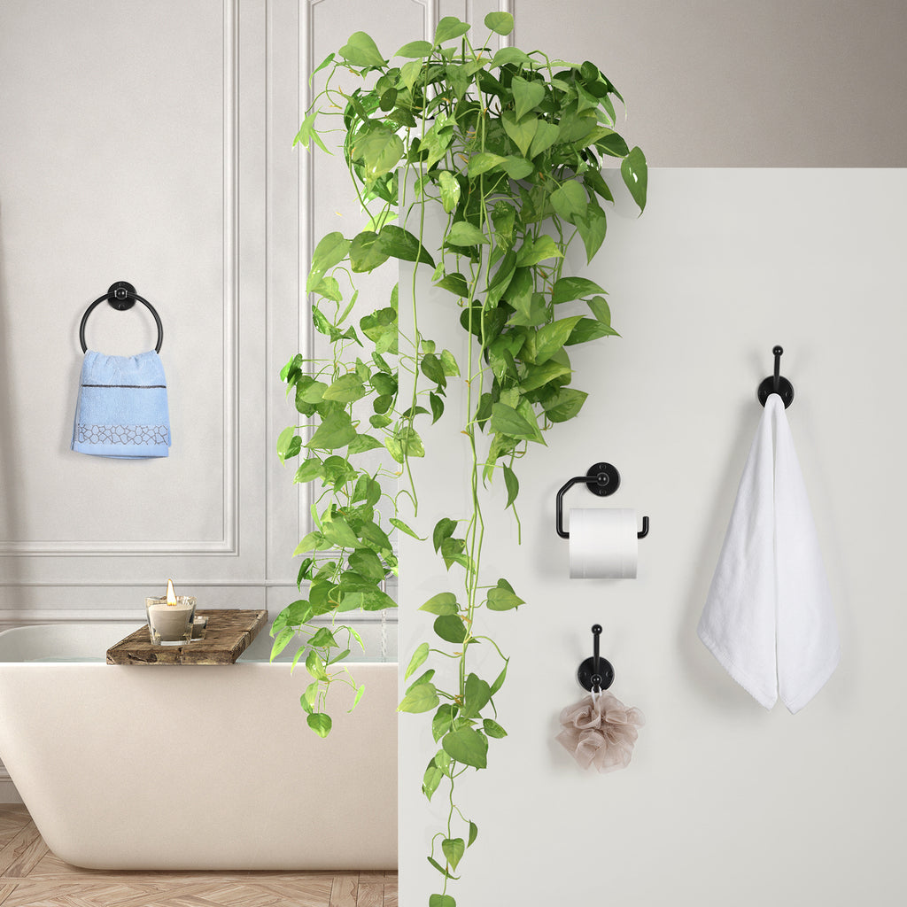 4PCS Wall Mounted Black Toilet Tissue Paper Holder Towel Ring and Hooks for Bathroom Accessories Toilet Roll Paper Hanger
