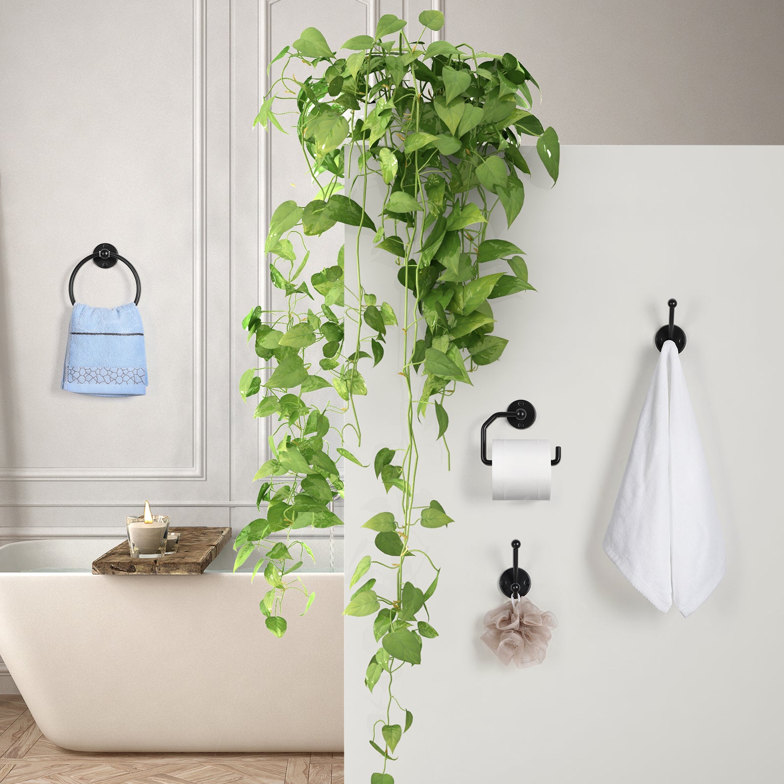 4PCS Wall Mounted Black Toilet Tissue Paper Holder Towel Ring and Hooks for Bathroom Accessories Toilet Roll Paper Hanger