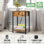 Nightstand with Charging Station & Storage Drawer, 2-Tier Rustic Side Table for Small Spaces, Bedroom & Living Room,