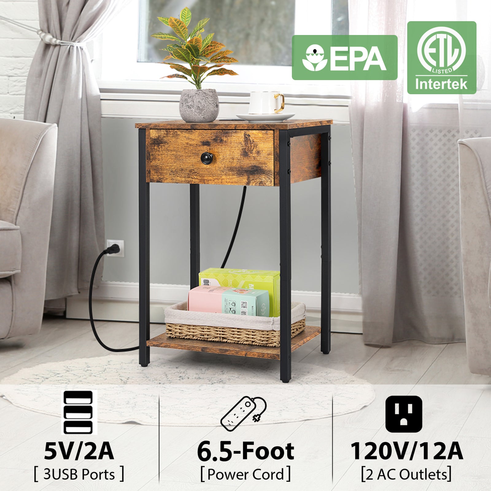 Nightstand with Charging Station & Storage Drawer, 2-Tier Rustic Side Table for Small Spaces, Bedroom & Living Room,