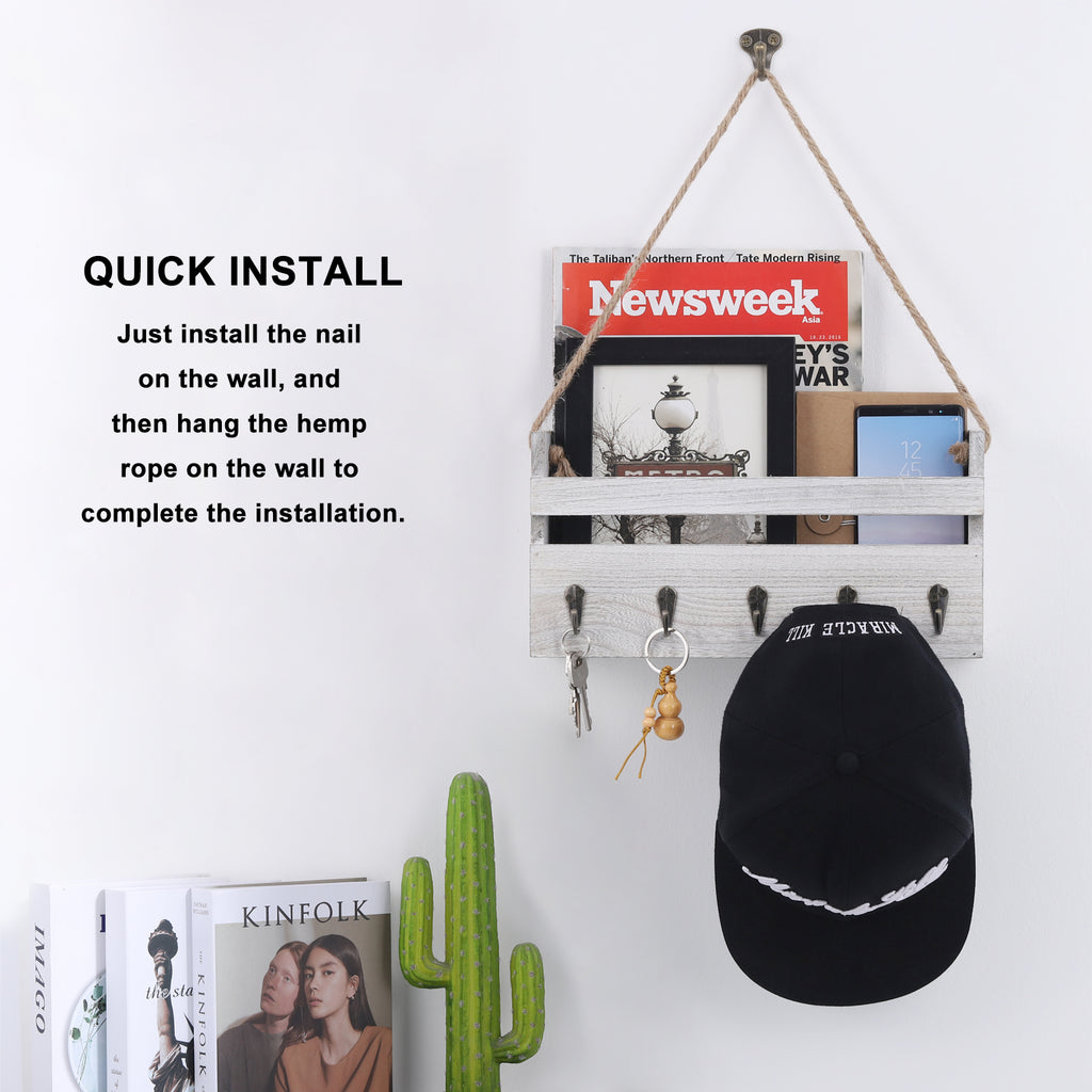 Sisal Rope Letter Slot Shelf Gray Off White, Wall Mounted Key Organizer with 5 Key Hooks, Mail Organizer for Foyers, Storage Rooms, Hallways