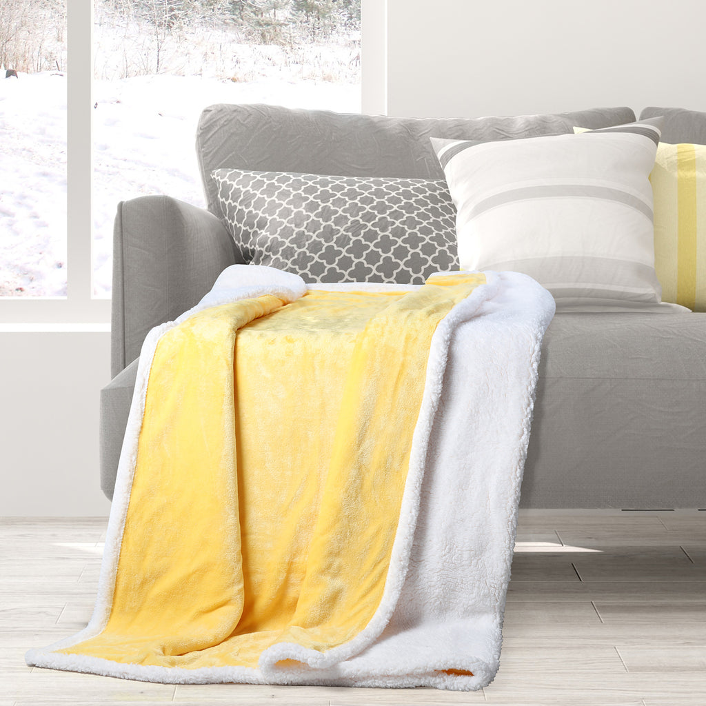 Yellow Sherpa Throw Blanket, 50x 60 inch Soft Flannel Fleece Reversible Blanket, Lightweight Cozy Travel Blanket for Office, Bedroom, Couch, Camping