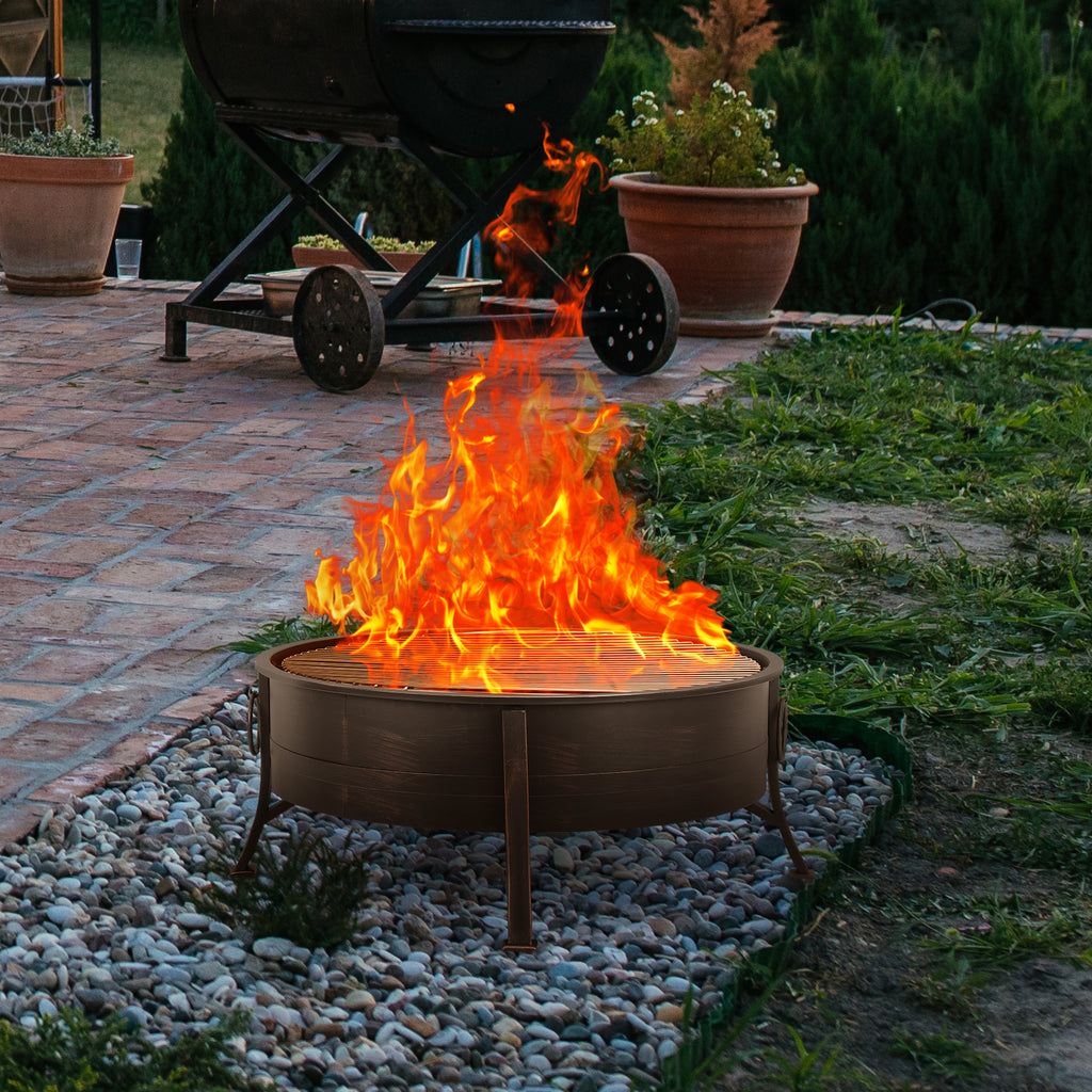 30-Inch Circular Deep Outdoor Fire Bowl with Spark Screen and Cooking Grate, Featuring Side Grips for Portable Camping and Winter Use