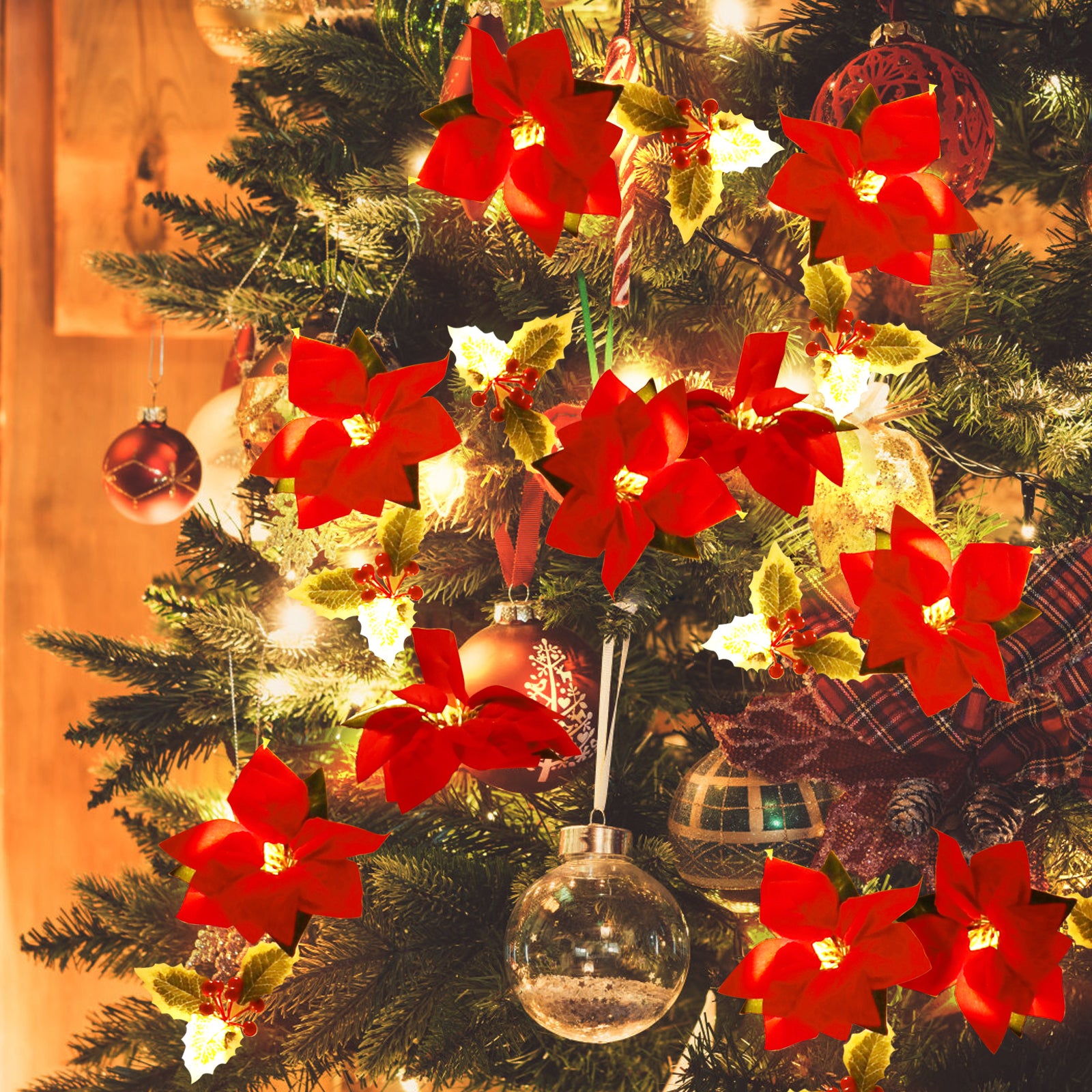 Christmas Poinsettia Garland with light, 7 FT Lighted Artificial Garlands with Red Flowers and Berries, Battery Operated Poinsettia String Lights, Light up for Xmas New Year Home D¨¦cor