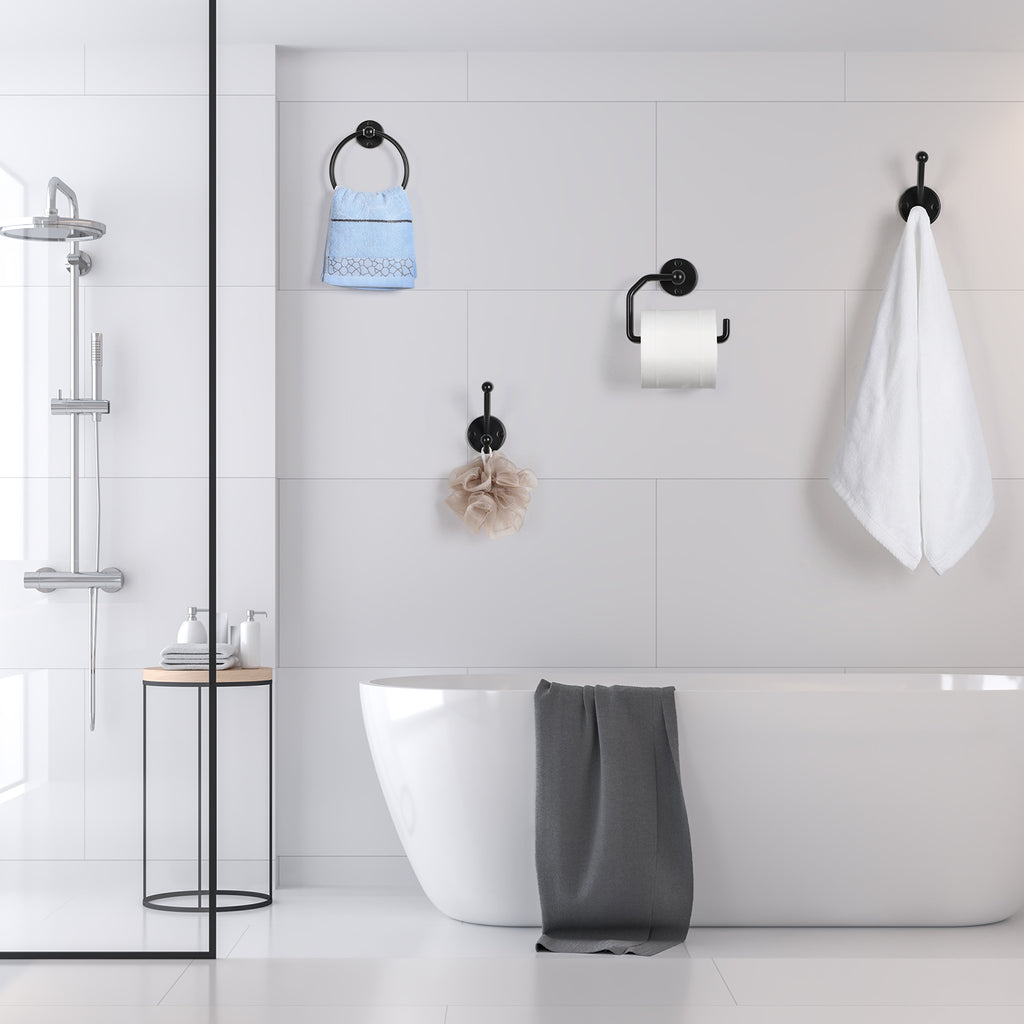 4PCS Wall Mounted Black Toilet Tissue Paper Holder Towel Ring and Hooks for Bathroom Accessories Toilet Roll Paper Hanger
