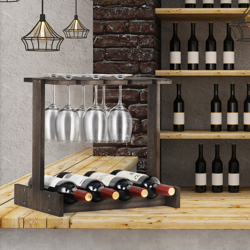 Wine Rack with Glass Holder, Countertop Wine Rack, Wine Storage Cabinet Shelf, Perfect for Home Decor & Kitchen Storage Rack (Hold 4 Bottles and 8 Glasses)