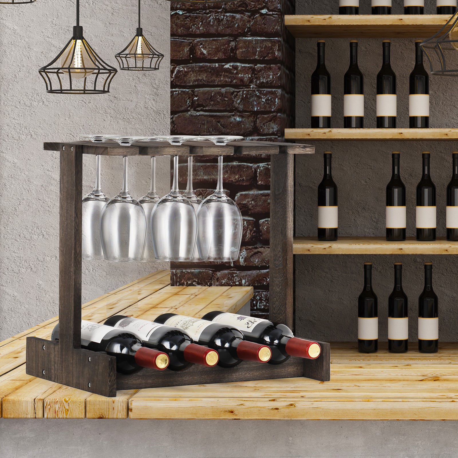 Wine Rack with Glass Holder, Countertop Wine Rack, Wine Storage Cabinet Shelf, Perfect for Home Decor & Kitchen Storage Rack (Hold 4 Bottles and 8 Glasses)