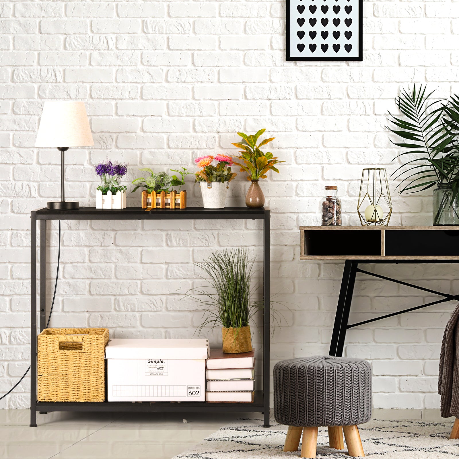 2 Tier Narrow Console Table, 33.9'' Sofa Table with Power Outlets and USB Ports, Industrial Entryway Table, Behind Couch Table for Living Room, Foyer, Hallway, Bedroom